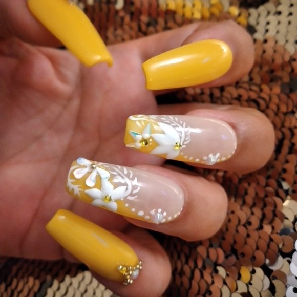 spring yellow and white flower luxury press on nails pPN68 - Picture 1 of 6